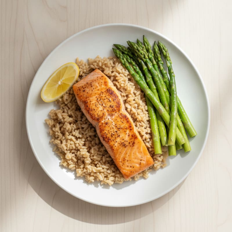 Seared Salmon with Steamed Asparagus and Brown Rice
