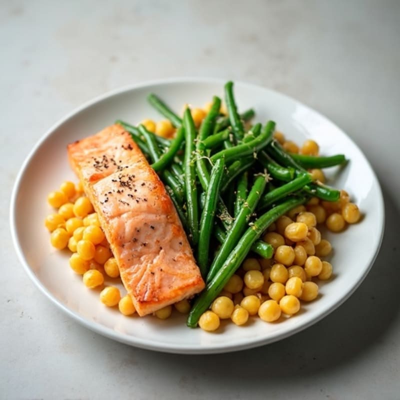 Seared Salmon with Garlic Green Beans and Chickpea Pasta