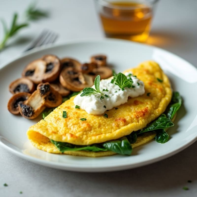 Egg White Spinach Omelet with Cottage Cheese and Sautéed Mushrooms