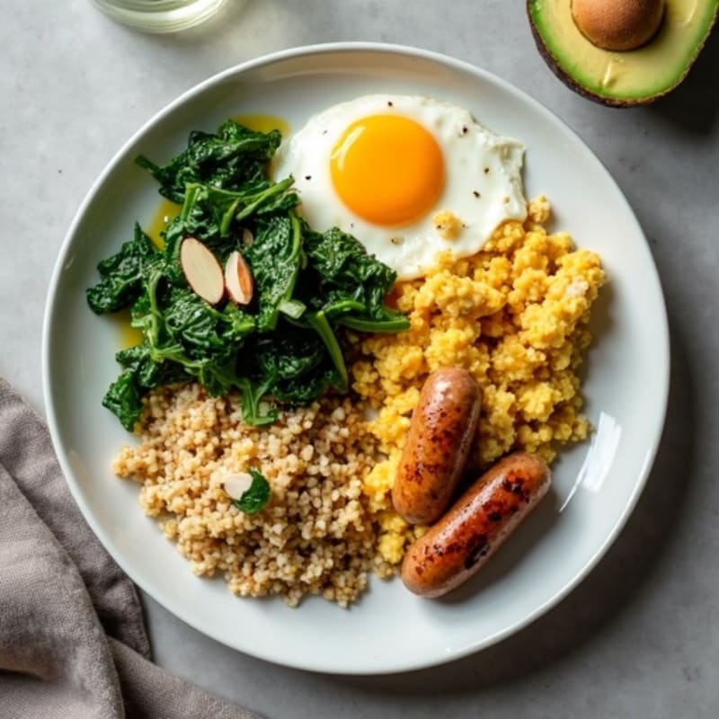 Cottage Cheese Scramble with Turkey Sausage and Sautéed Spinach