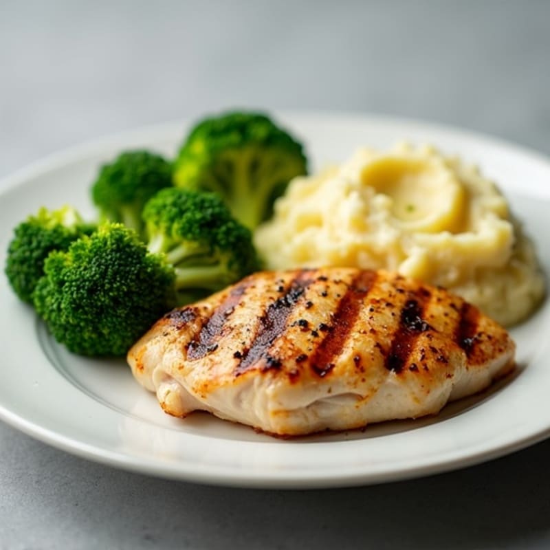 Grilled Chicken Breast with Steamed Broccoli and Garlic Mashed Potatoes