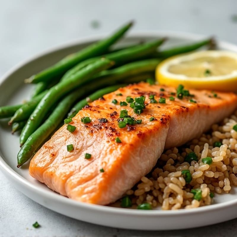 Seared Salmon Fillet with Garlic Green Beans and Brown Rice