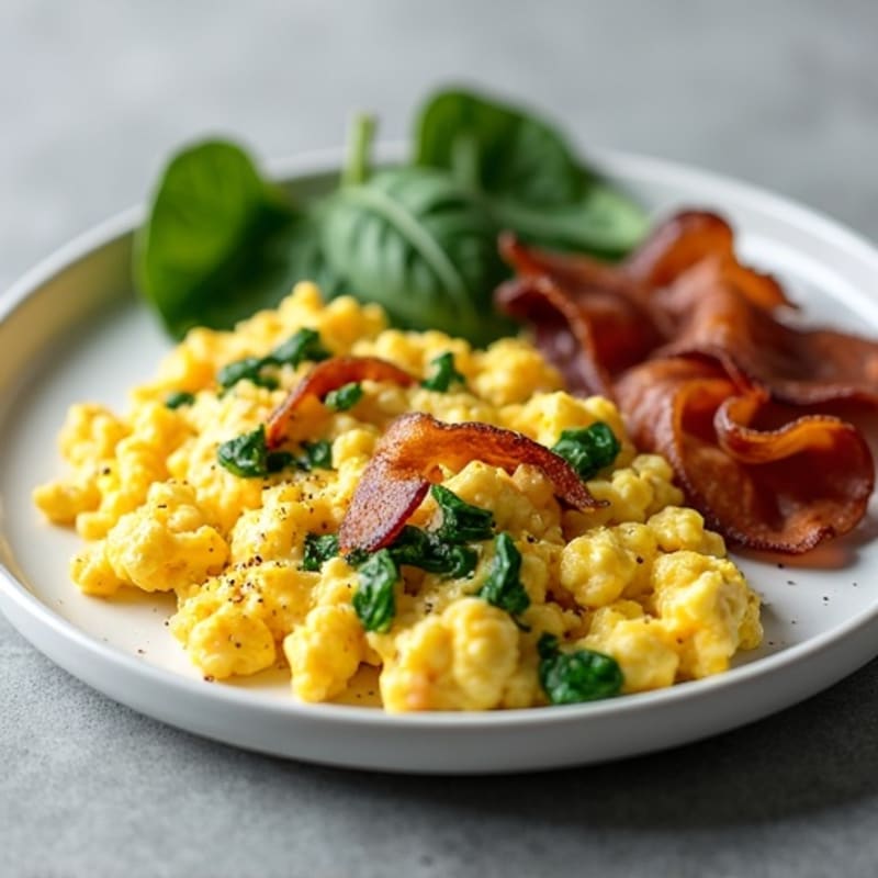 Cottage Cheese Egg Scramble with Spinach and Turkey Bacon