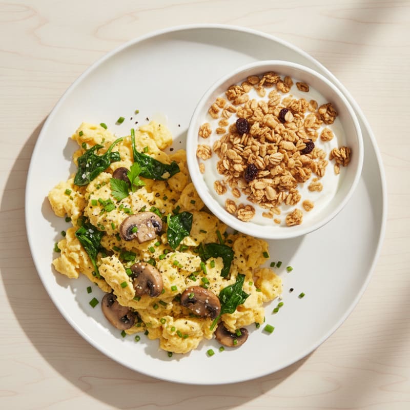 Savory Mushroom and Herb Scramble with Granola Yogurt Bowl