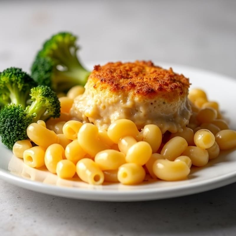 Creamy Baked Mac and Cheese with Crispy Chicken and Roasted Broccoli