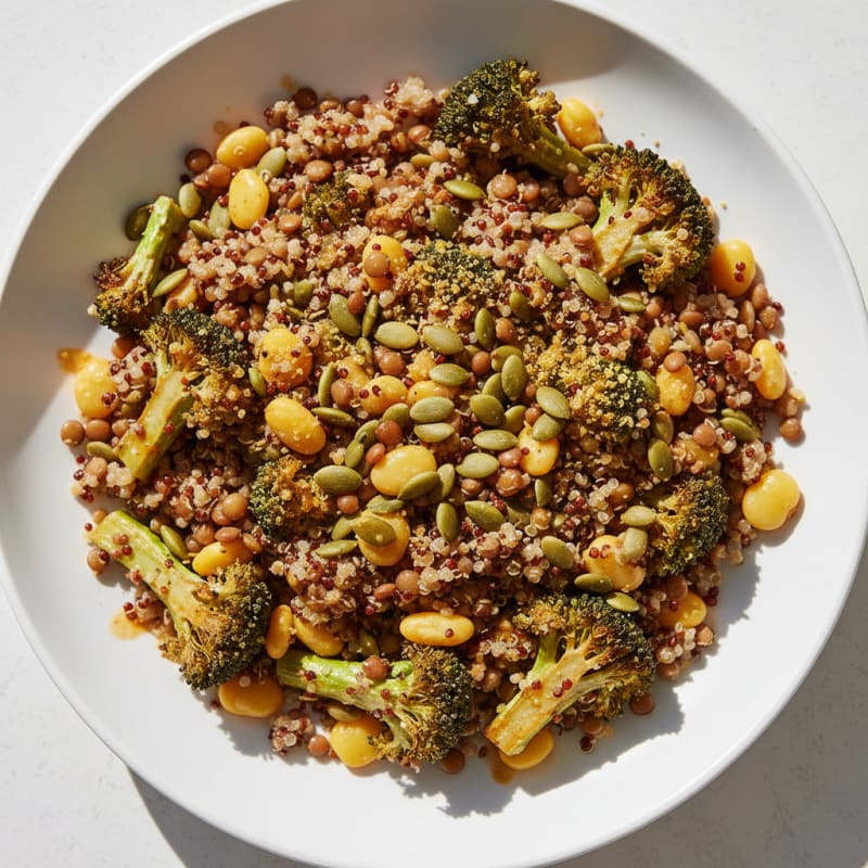 Lentil and Quinoa Power Bowl with Roasted Broccoli and Pumpkin Seeds