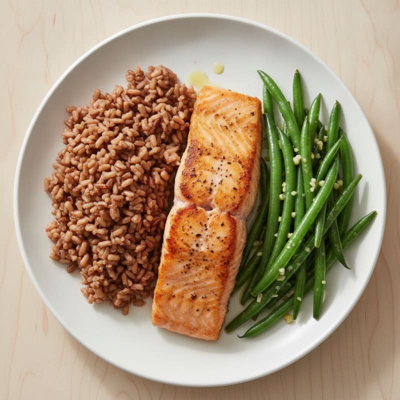 Seared Salmon with Garlic Green Beans and Brown Rice