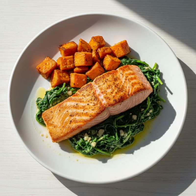 Seared Salmon with Creamy Garlic Spinach and Roasted Sweet Potatoes