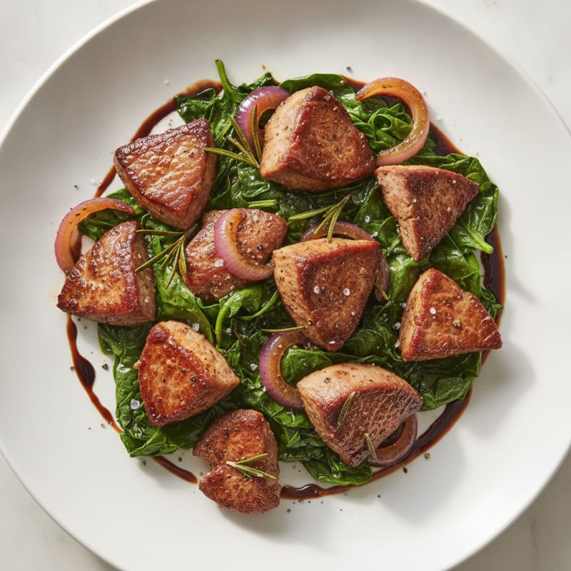 Pan-Seared Lamb and Chicken Liver with Balsamic Greens