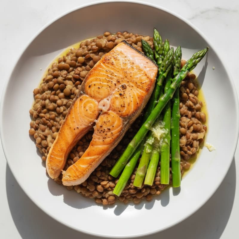 Seared Salmon Fillet with Steamed Asparagus and Lentil Mash