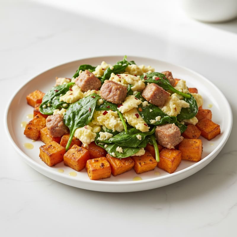 Egg White and Turkey Sausage Scramble with Spinach and Roasted Sweet Potatoes