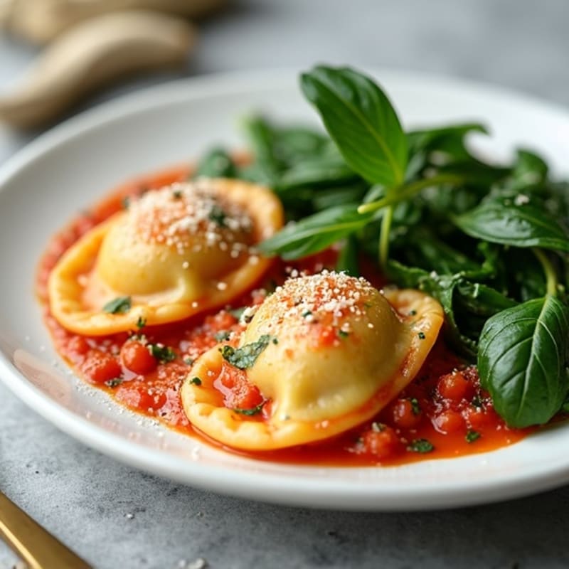 Spinach Ravioli with Creamy Tomato Sauce and Sautéed Greens