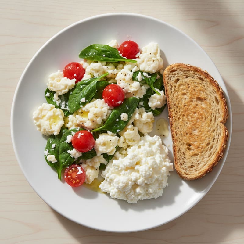 Egg White and Spinach Scramble with Cottage Cheese and Cherry Tomatoes