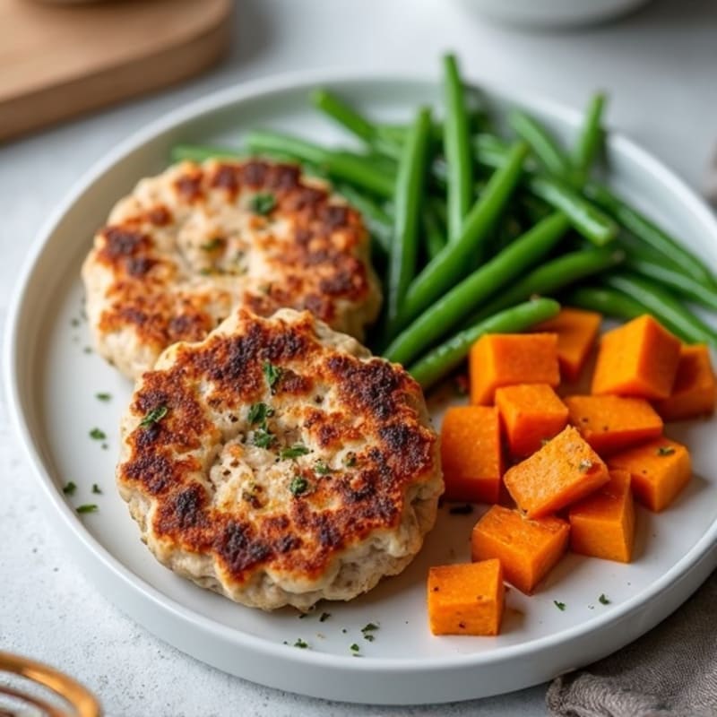 Seared Turkey Patties with Roasted Sweet Potatoes and Green Beans