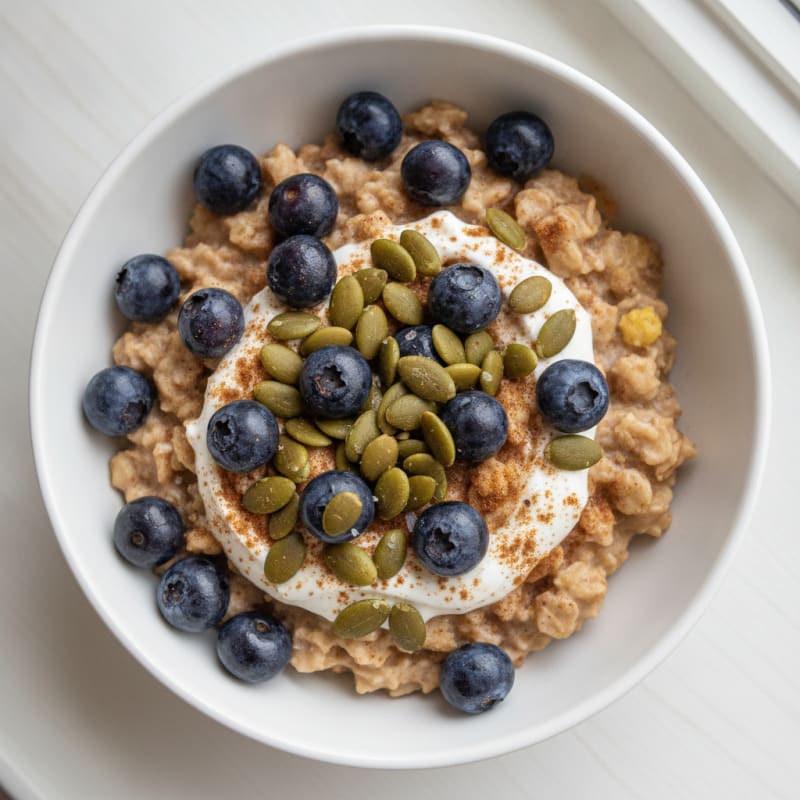 Blueberry Protein Oats with Toasted Pumpkin Seeds