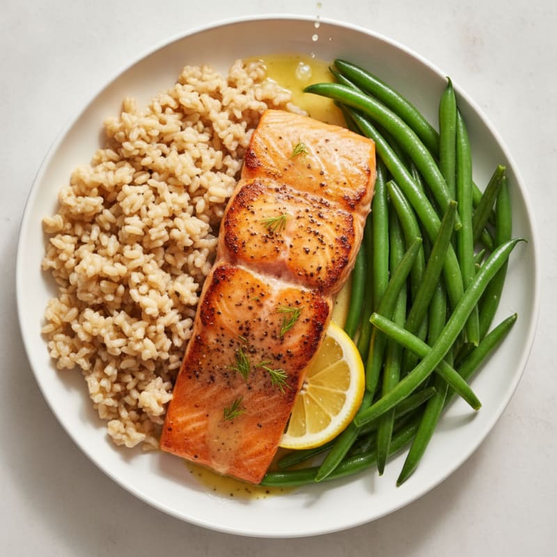 Seared Salmon Fillet with Steamed Green Beans and Brown Rice