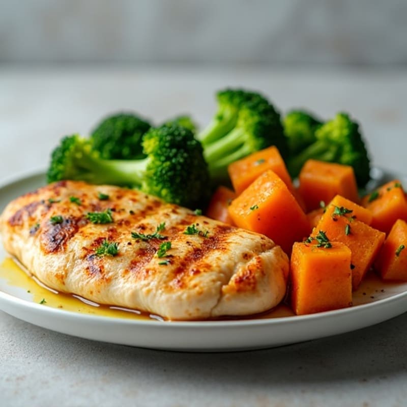 Grilled Chicken Breast with Roasted Sweet Potato and Steamed Broccoli