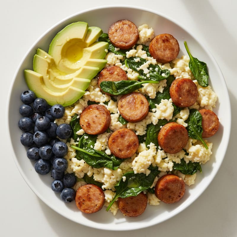 Egg White and Chicken Sausage Scramble with Spinach