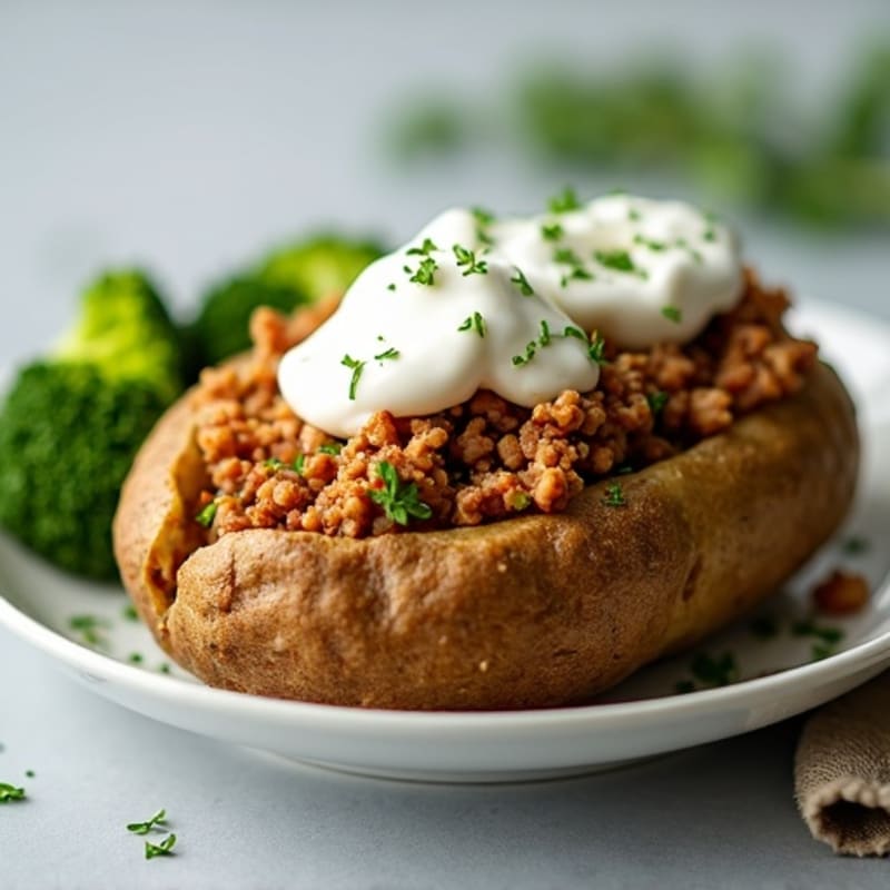 Crispy Baked Potato with Lean Ground Turkey, Broccoli, and Creamy Greek Yogurt