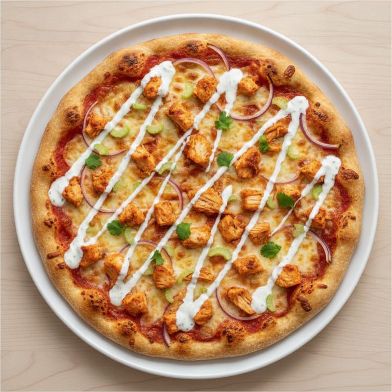 Buffalo Chicken Pizza with Ranch Drizzle