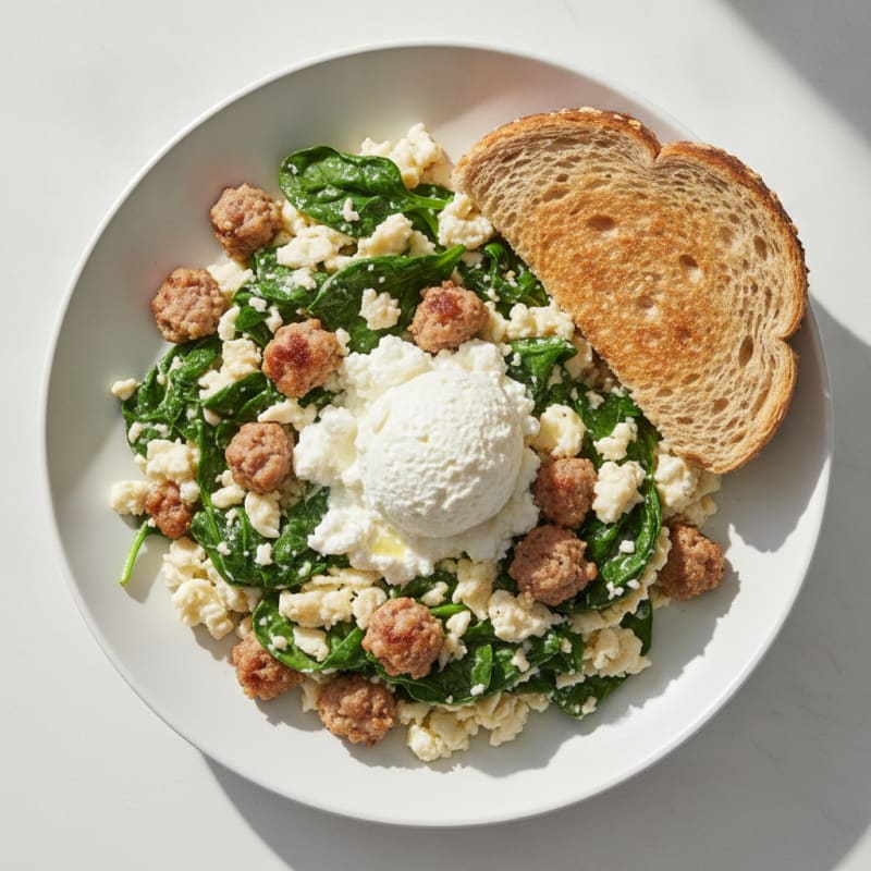 Egg White Spinach Scramble with Turkey Sausage and Cottage Cheese