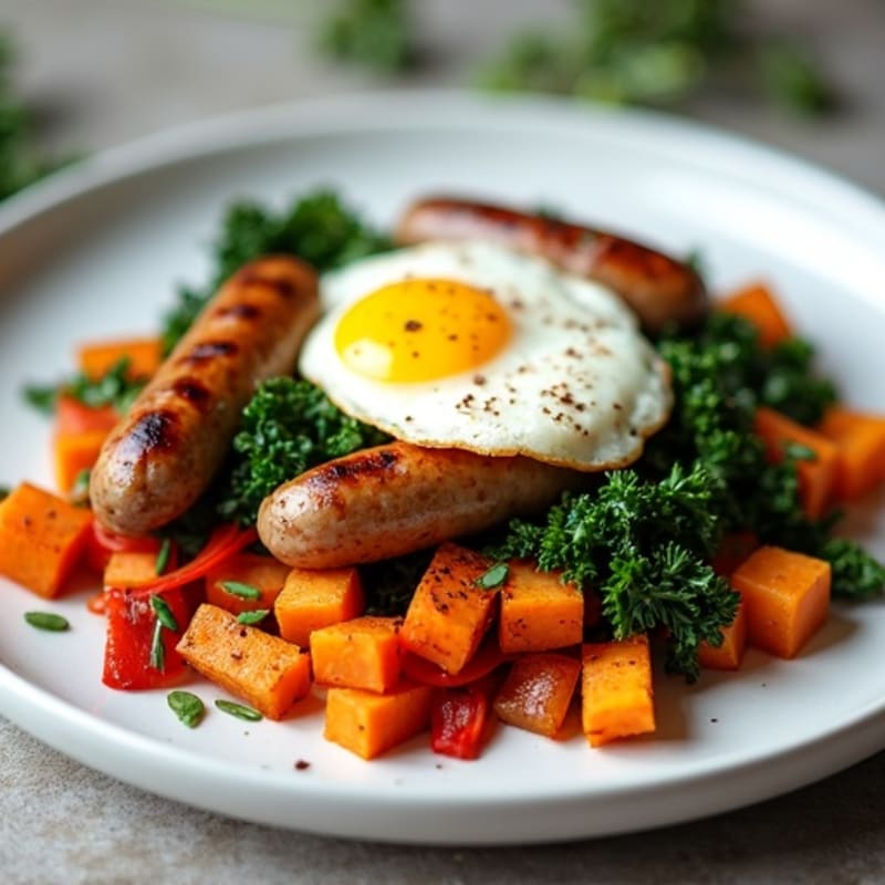 Turkey Sausage and Roasted Sweet Potato Hash with Sautéed Greens