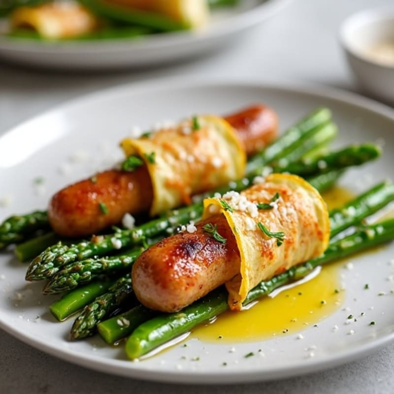 Crispy Zucchini-Wrapped Chicken Sausage with Roasted Asparagus