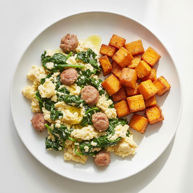 Egg White and Turkey Sausage Scramble with Spinach and Roasted Sweet Potato
