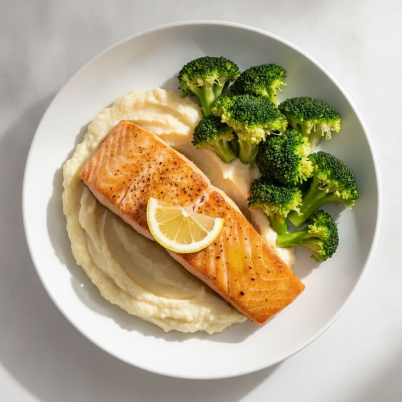 Seared Salmon with Steamed Broccoli and Garlic Cauliflower Mash