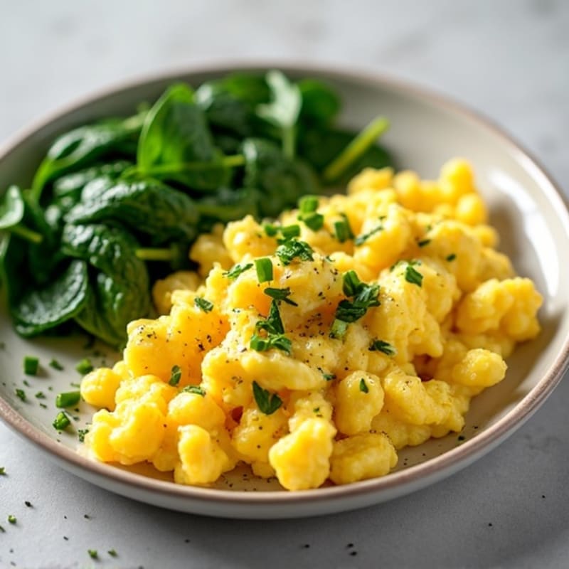 Fluffy Scrambled Eggs with Fresh Herbs and Sautéed Greens