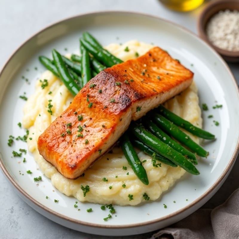 Seared Salmon with Garlic Green Beans and Cauliflower Mash