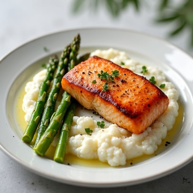 Seared Salmon Fillet with Roasted Asparagus and Cauliflower Mash