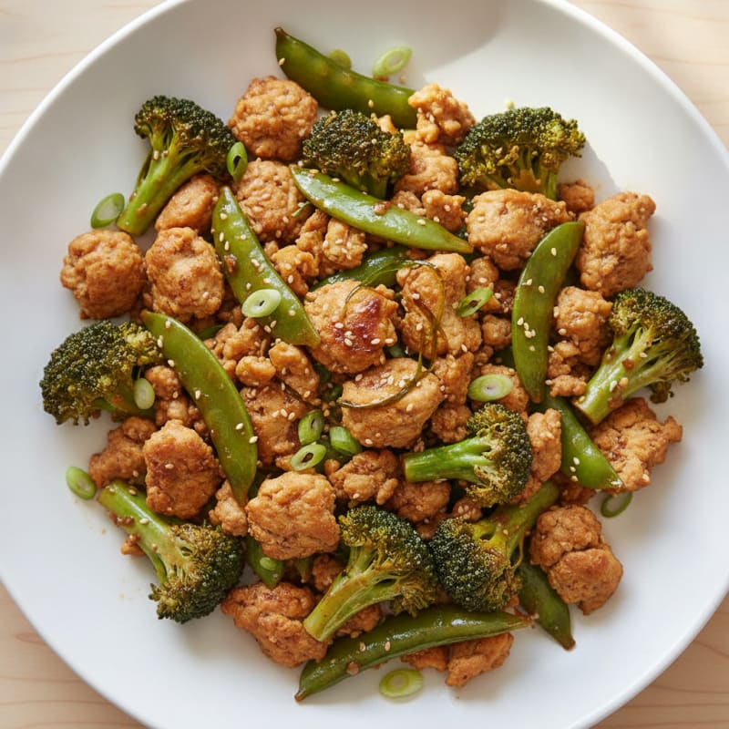 Crispy Ground Chicken Stir-Fry with Broccoli and Snap Peas