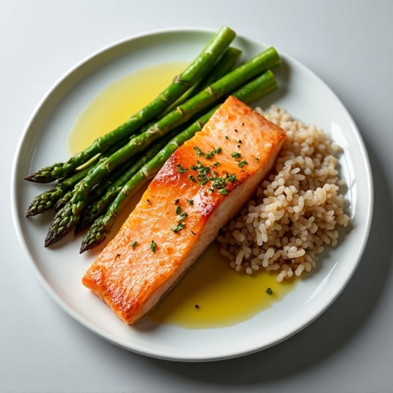 Seared Salmon with Steamed Asparagus and Brown Rice