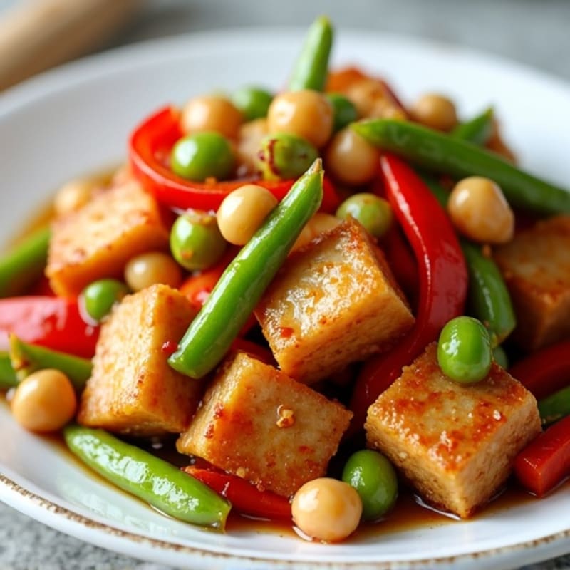 Chickpea Seitan Stir Fry with Edamame and Bell Peppers