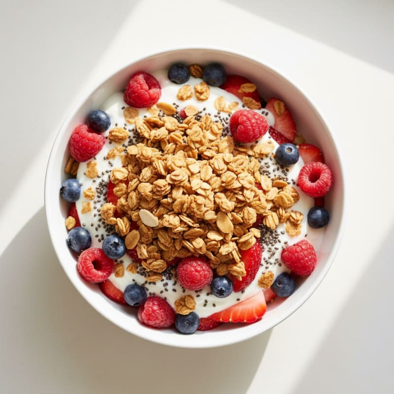 Greek Yogurt Parfait with Crunchy Almond Granola and Mixed Berries