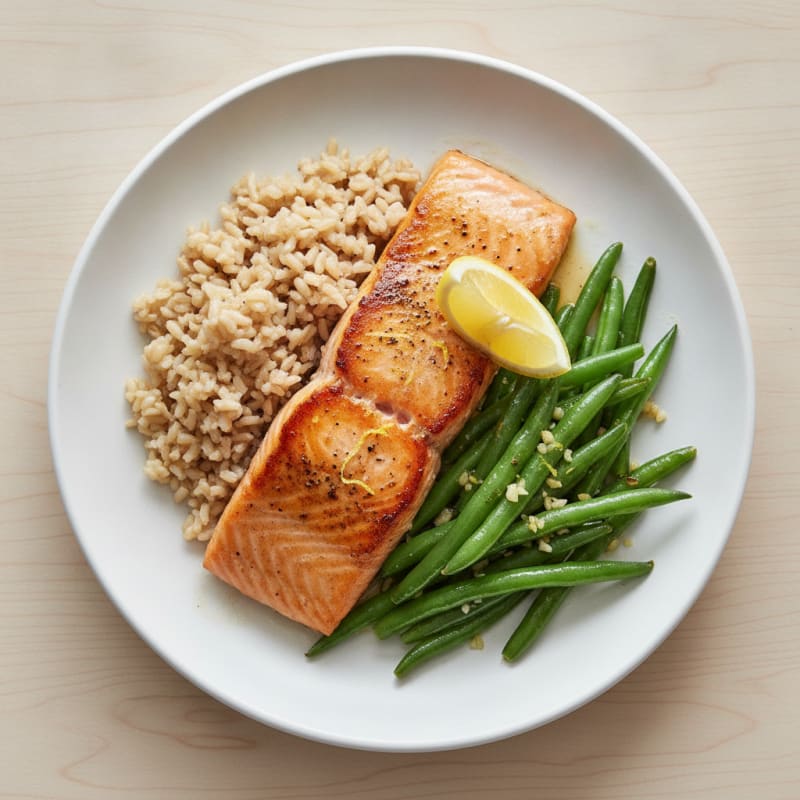 Seared Salmon Fillet with Garlic Green Beans and Brown Rice