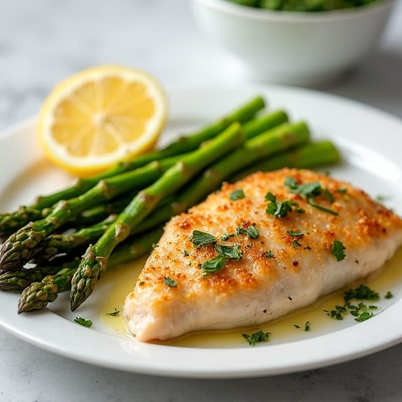 Crispy Lemon Herb Baked Chicken Breast with Roasted Asparagus