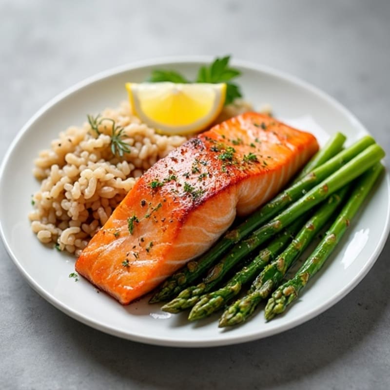 Seared Salmon Fillet with Steamed Asparagus and Brown Rice