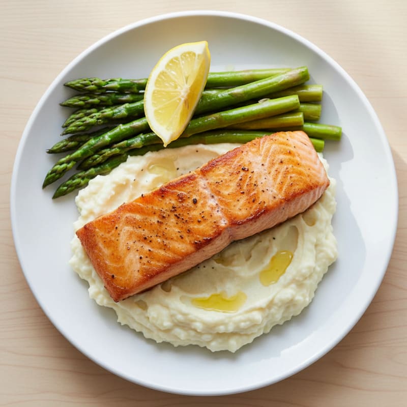 Seared Salmon Fillet with Steamed Asparagus and Cauliflower Mash