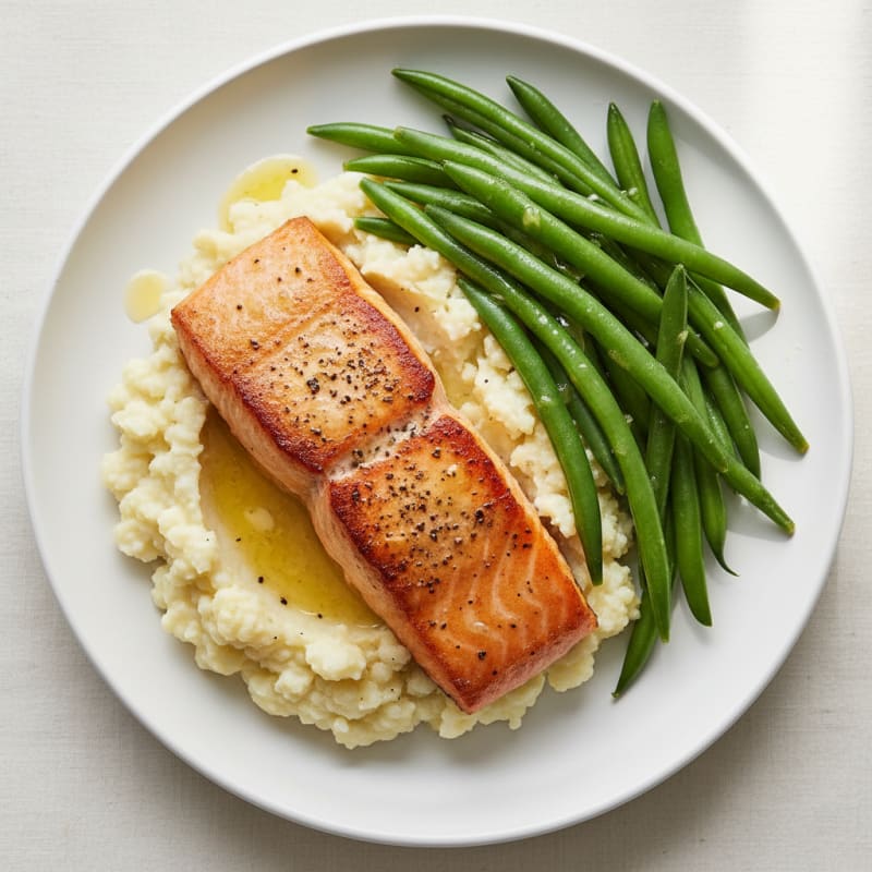 Seared Salmon with Steamed Green Beans and Garlic Mashed Cauliflower