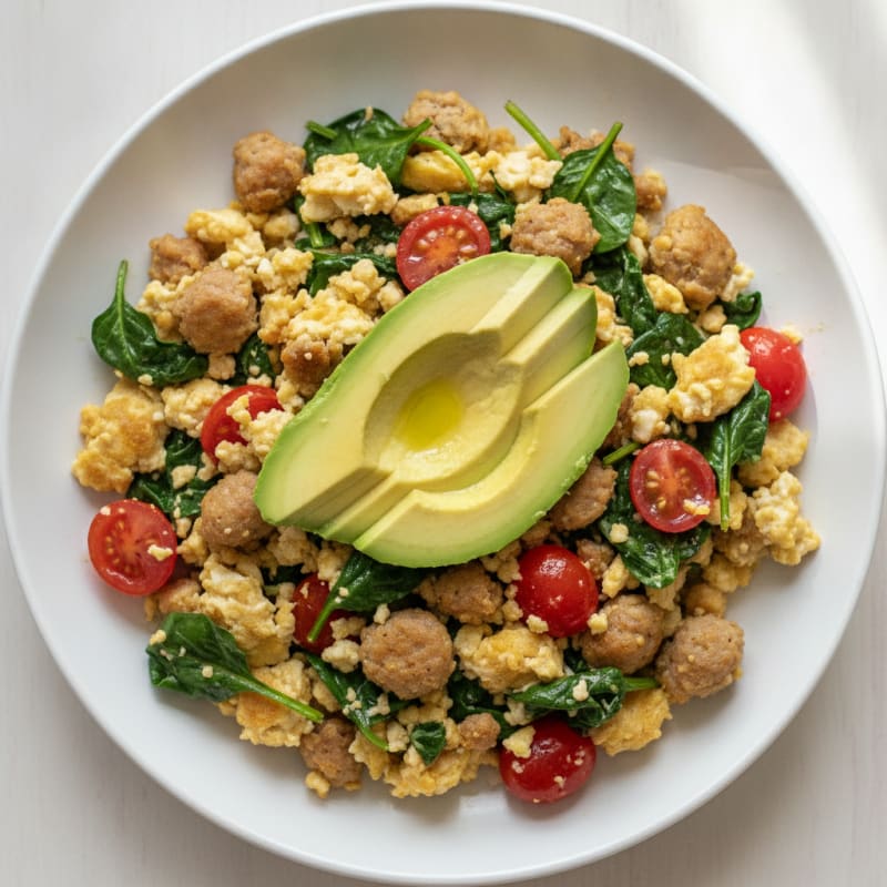 Egg White and Turkey Sausage Scramble with Spinach and Tomatoes