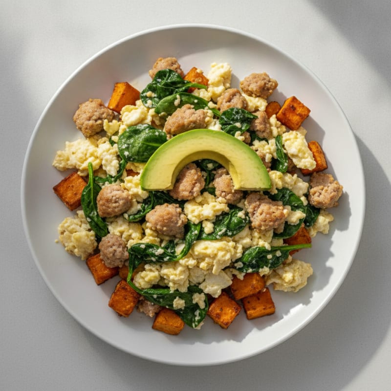 Egg White and Turkey Sausage Scramble with Spinach and Roasted Sweet Potato