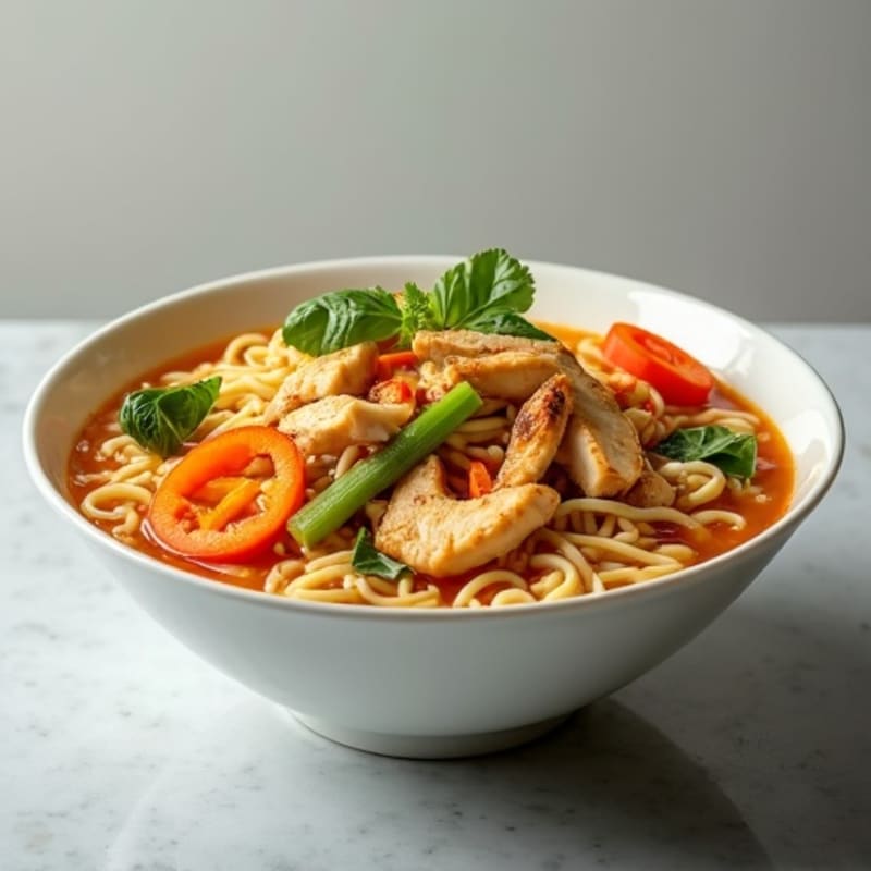 Spicy Sriracha Chicken and Fresh Vegetable Noodle Soup