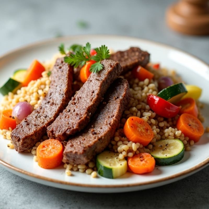 Seared Lean Beef Strips with Brown Rice and Roasted Mixed Vegetables