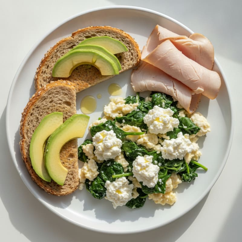 Egg White Spinach Scramble with Cottage Cheese and Sliced Turkey