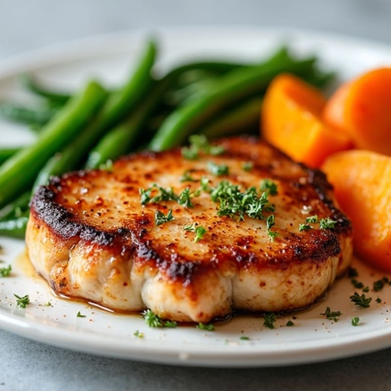 Pan-Seared Pork Chops with Roasted Green Beans and Sweet Potato