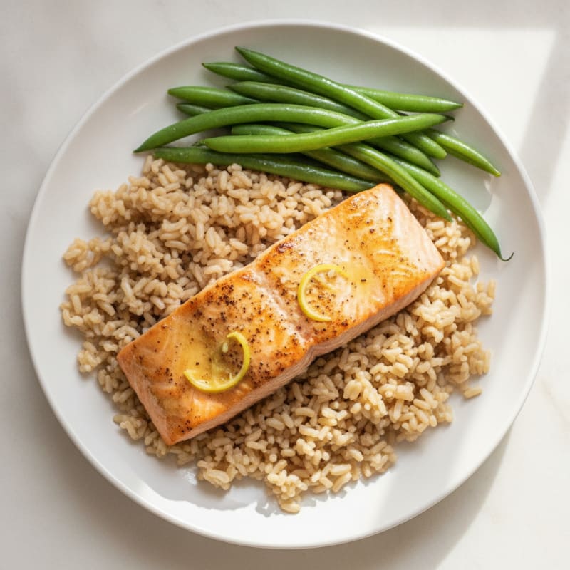 Seared Salmon with Steamed Green Beans and Brown Rice