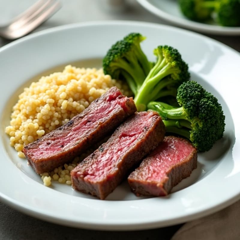 Seared Lean Beef Strips with Roasted Broccoli and Quinoa