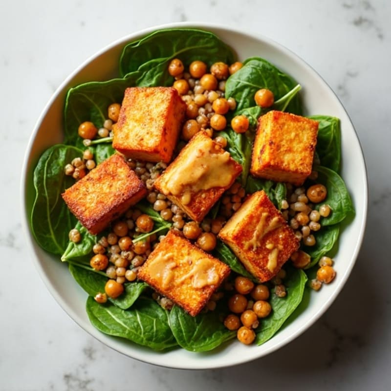 Crispy Lentil and Chickpea Power Bowl with Spinach and Tahini